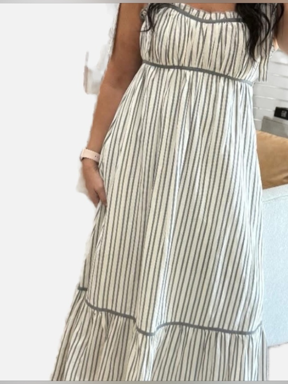 Listicle Cream Maxi Dress with Black Stripes and Ruffle Detail
